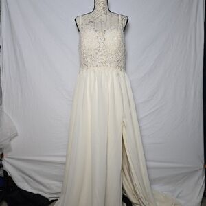 Boho Lace & Chiffon Wedding Dress – Lace Bodice, High Slit & Button Back - NWOT